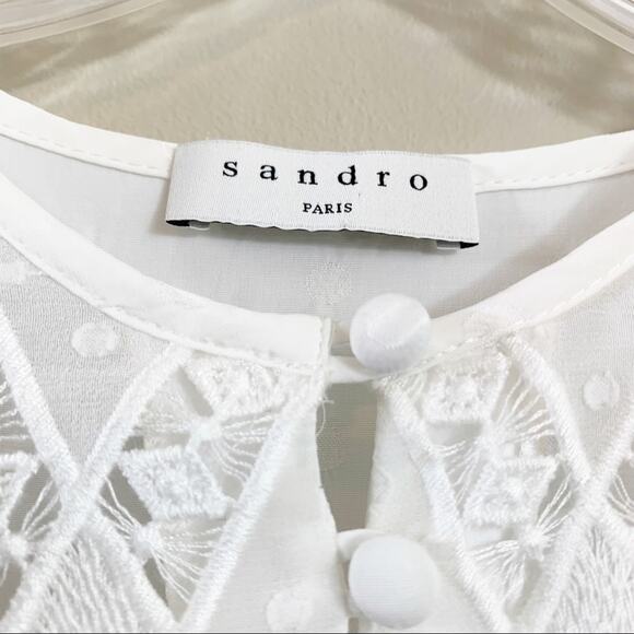 Sandro Paris Marka Lace/Embroidered Ruffle Short Sleeve Cream Top - Picture 3 of 8